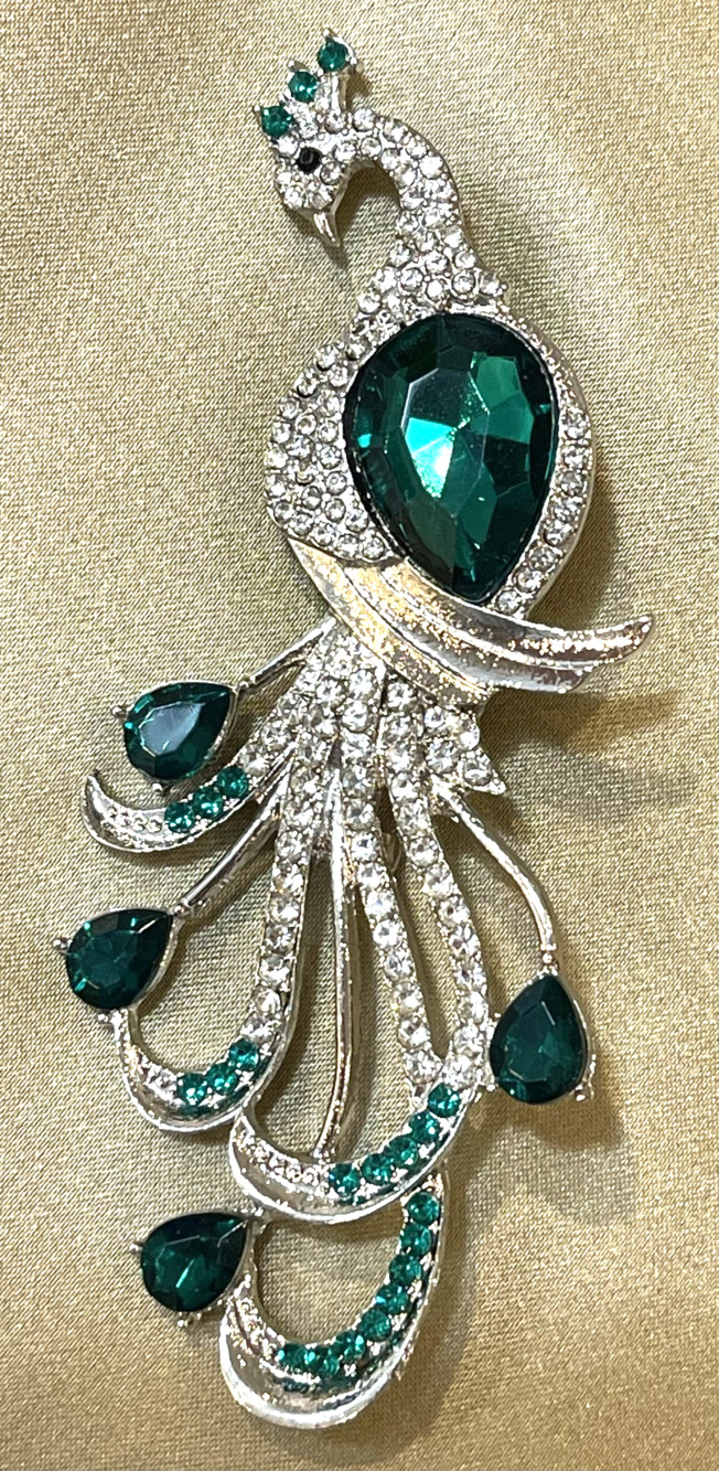 Green Rhinestone Glass Bird Brooch Lapel Pin Silver Toned Peacock Feathers